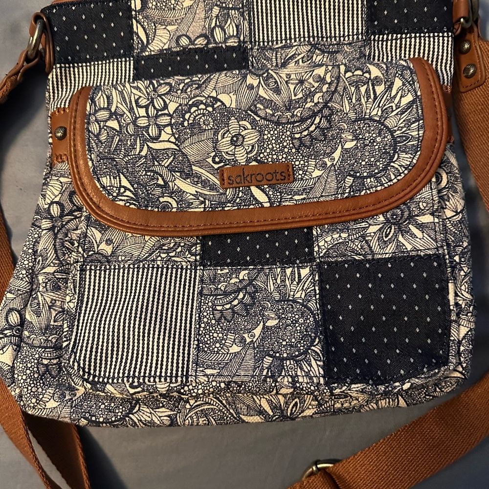 Sakroots Blue and White Crossbody Bag Patchwork Design Leather Trim